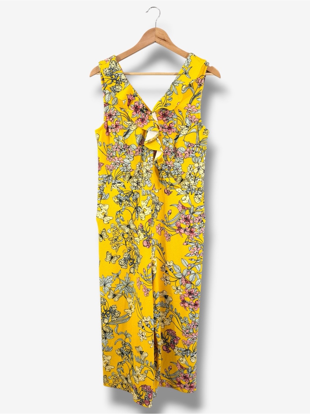 Spense Yellow Floral Cropped Wide Leg Jumpsuit Size 12 Ruffle V Neck Pockets